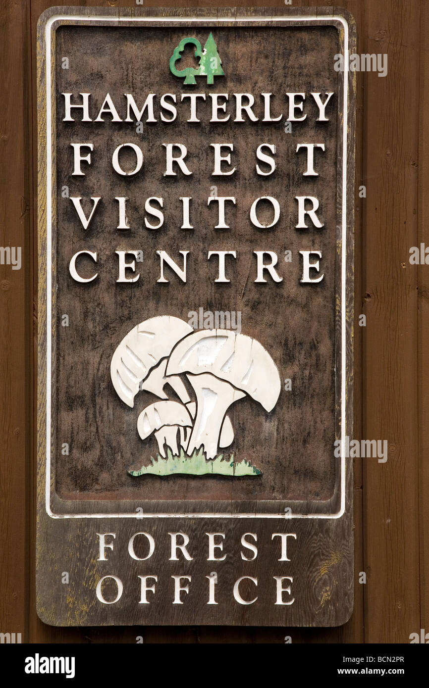 A sign denotes the Forest Office of Hamsterley Forest Visitor Centre in County Durham, England. Stock Photo