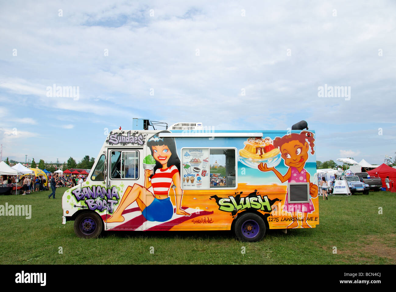 An ice cream and slurpee truck parked at an event in Woodbine Park in Toronto Ontario Canada Stock Photo