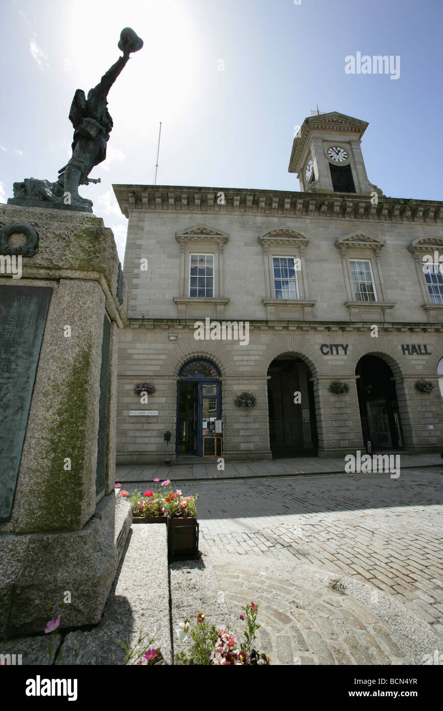 City of Truro, England. Christopher Eales designed Truro City Hall in Boscawen Street, with the war memorial in the foreground. Stock Photo