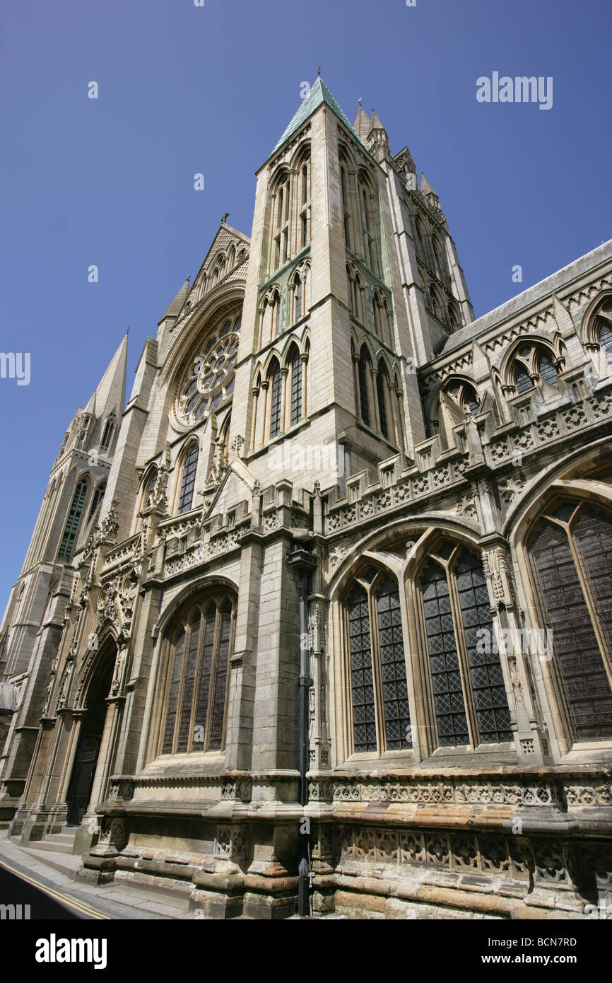 City of Truro, England. Southern elevation and entrance to Truro Cathedral viewed from High Cross. Stock Photo