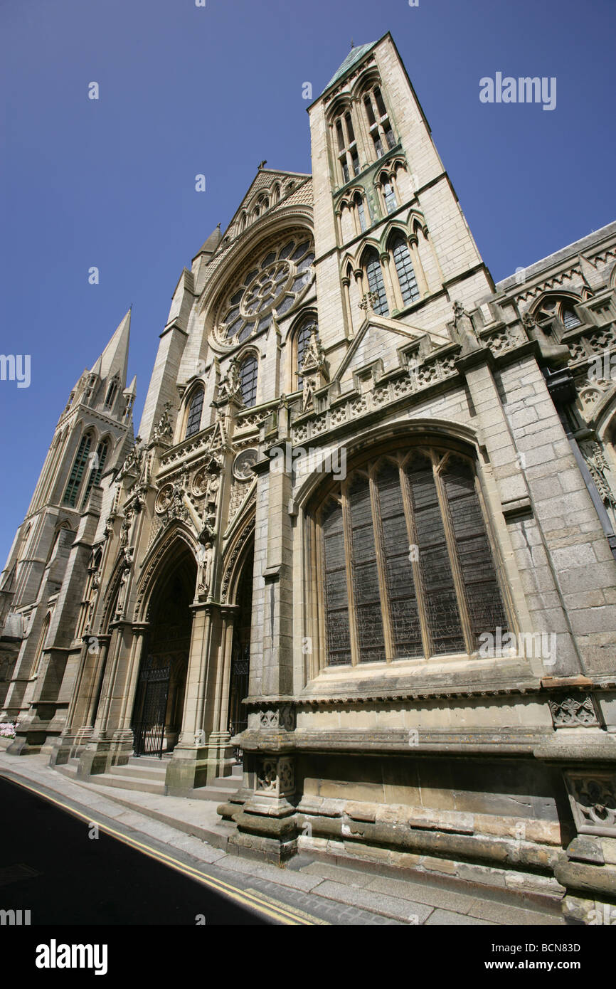 City of Truro, England. Southern elevation and entrance to Truro Cathedral viewed from High Cross. Stock Photo