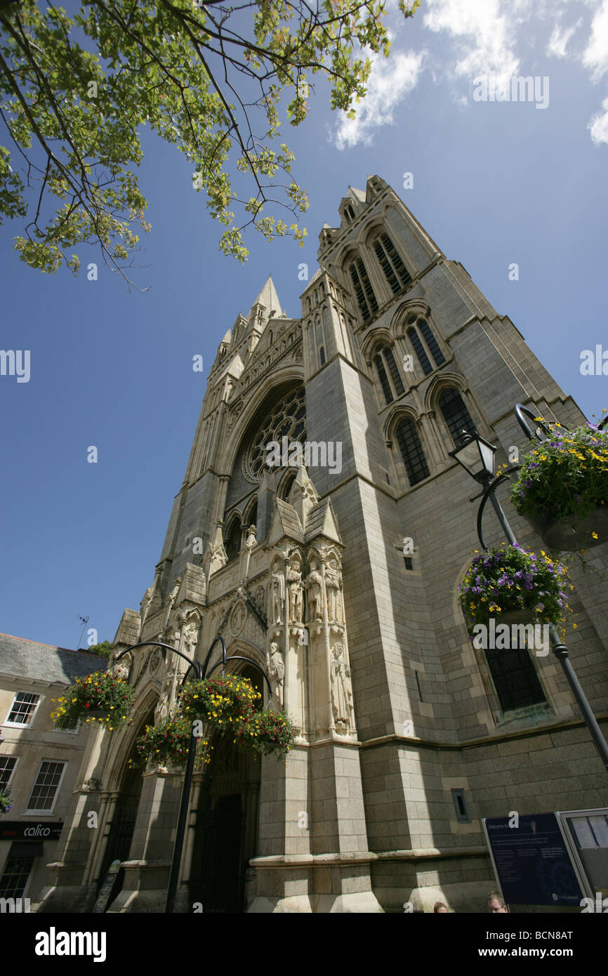 City of Truro, England. Low angled view of the west spires and entrance to Truro Cathedral. Stock Photo