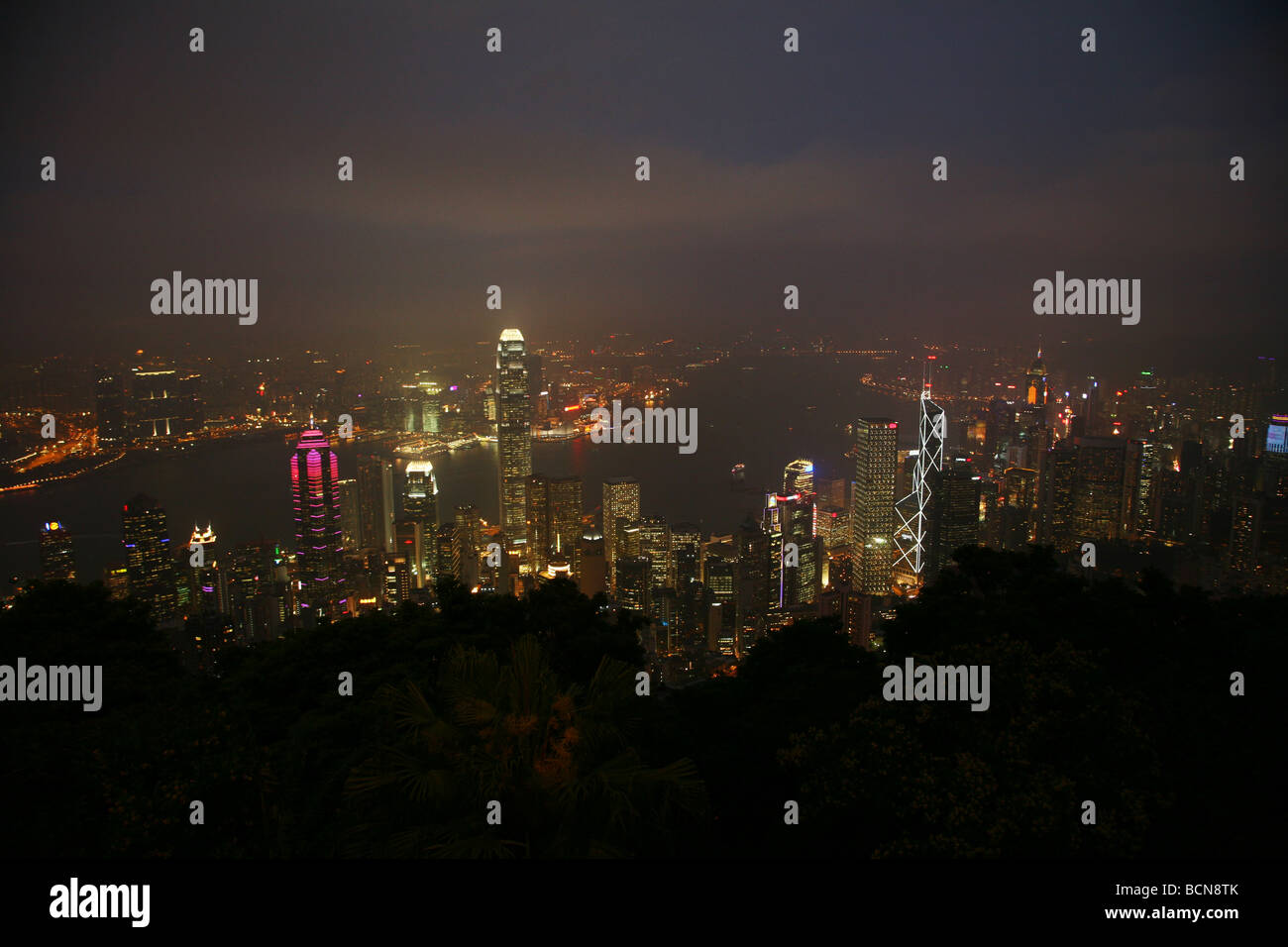 Night view of massive buildings from Victoria Peak, Hong Kong, China
