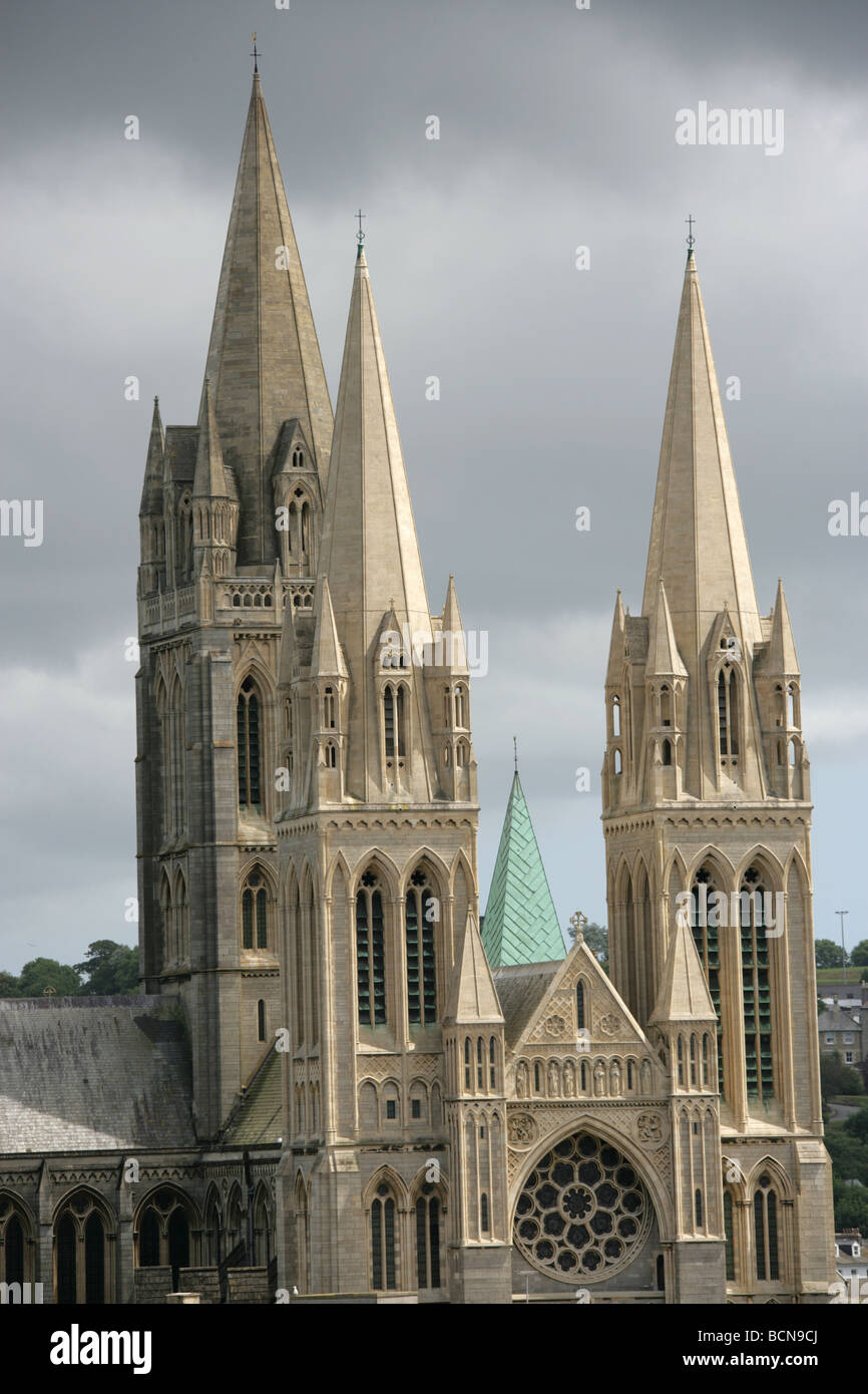 City of Truro, England. Close up view of the west aspect and three spires of Truro Cathedral. Stock Photo