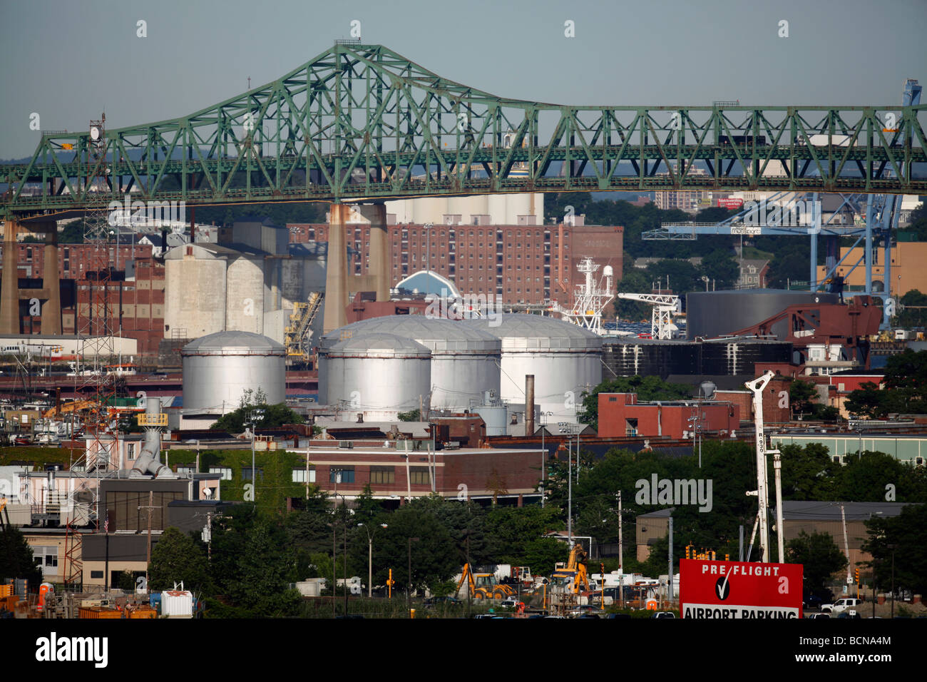 Fuel oil storage tanks, Tobin Bridge, Boston, Massachusetts Stock Photo