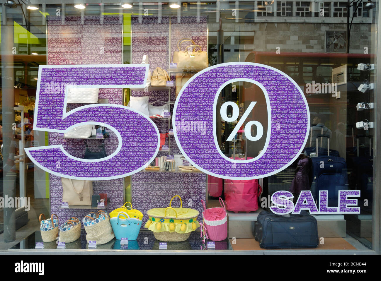 50 Sale sign in shop window Stock Photo