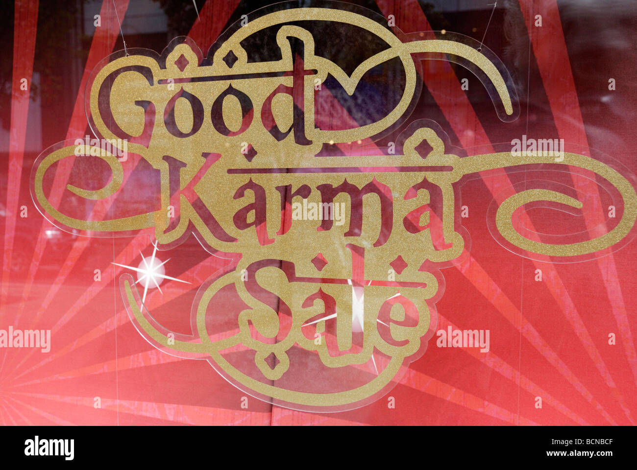 Good Karma Sale sign in shop window Stock Photo Alamy