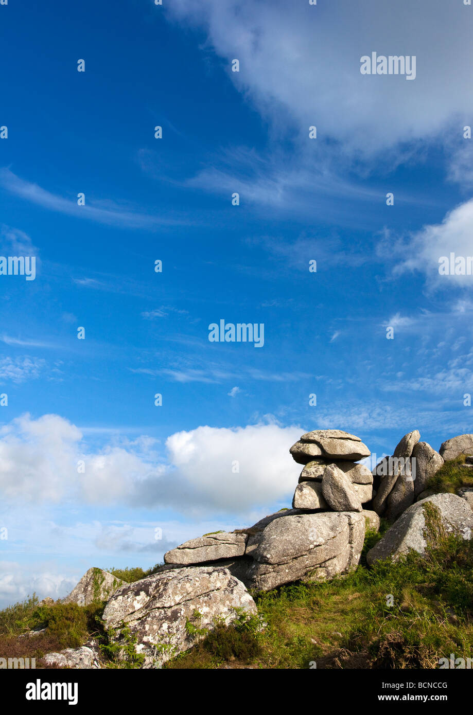 Granite tor of Trendrine Hill in summer sunshine near St Ives West Penwith Cornwall England UK United Kingdom GB Great Britain Stock Photo