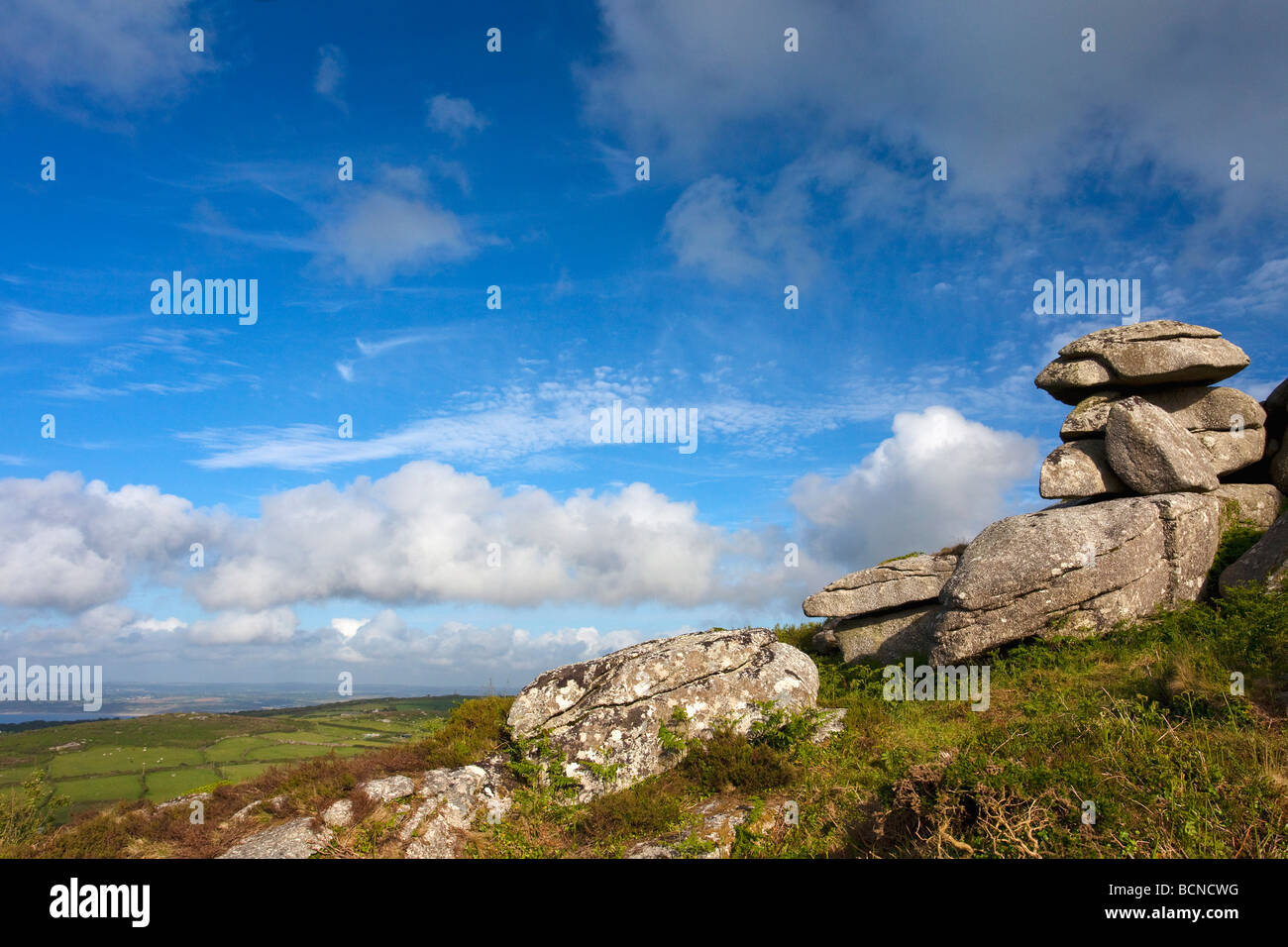 Granite tor of Trendrine Hill in summer sunshine near St Ives West Penwith Cornwall England UK United Kingdom GB Great Britain B Stock Photo