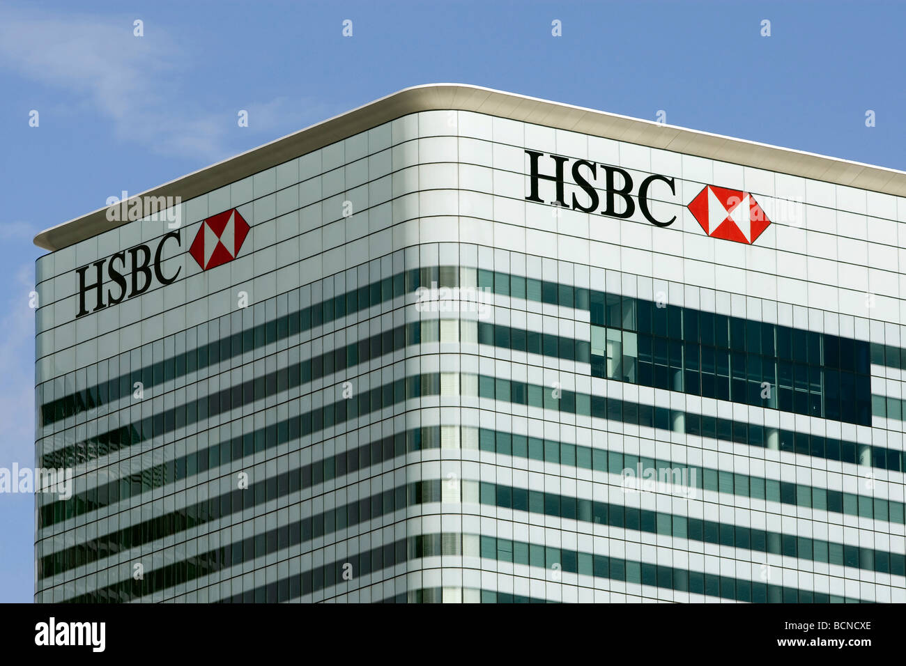 The top of the HSBC building in London Dockland's Canary Wharf Stock Photo