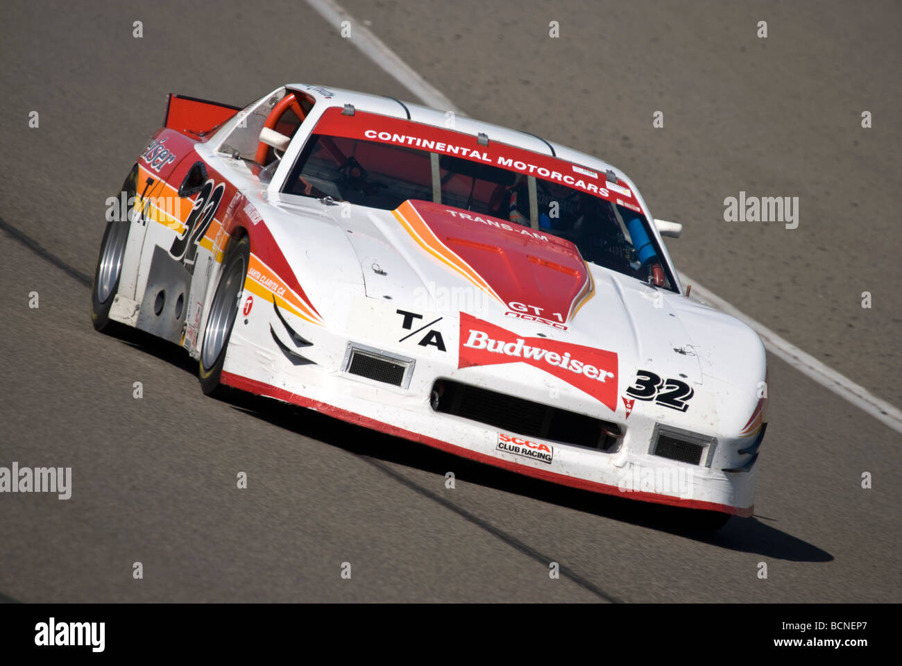 A 1986 Chevy Camaro GT-6 TransAm car at a vintage racing event. Stock Photo