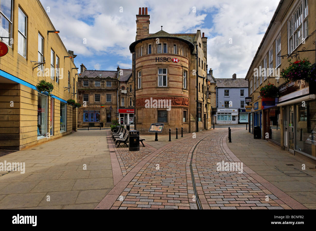 Hexham  in Northumberland, a view of pedestrianized  Fore Street and the HSBC Bank Stock Photo
