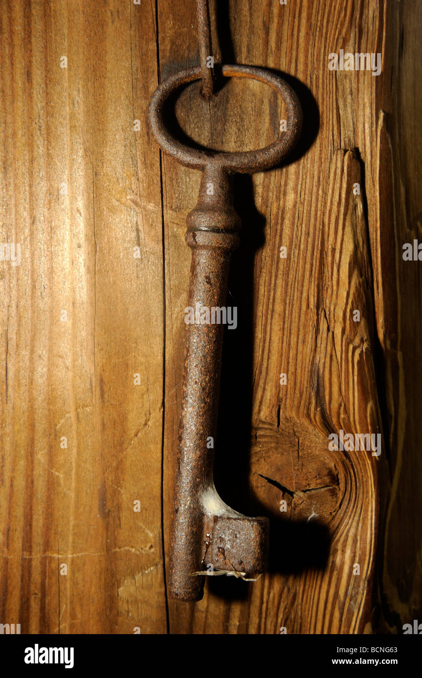 Rusty antique key with white web and spider Stock Photo