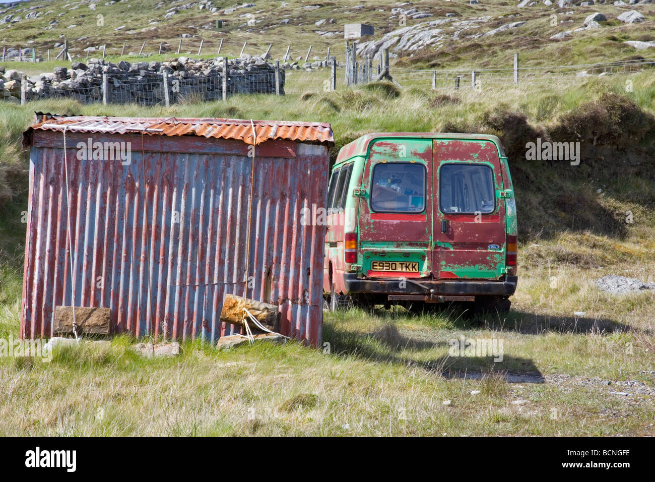 Matching van and shed on the isle of Berneray, Scotland Stock Photo