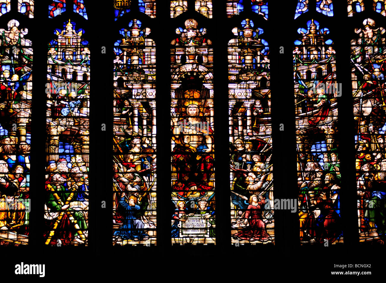 Detail of the West Stained Glass Window in Kings College Chapel Cambridge England Uk Stock Photo