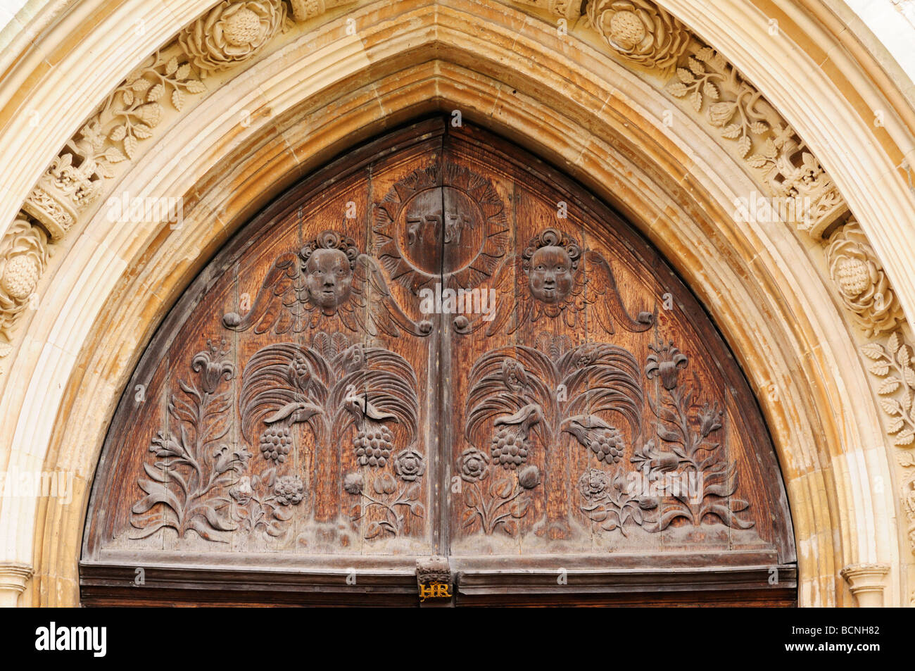 Detail above the west door at Kings college chapel Cambridge Stock Photo