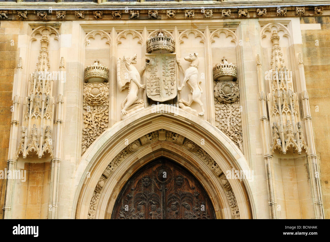 Detail of carvings above the West door of Kings college chapel, Cambridge England Uk Stock Photo