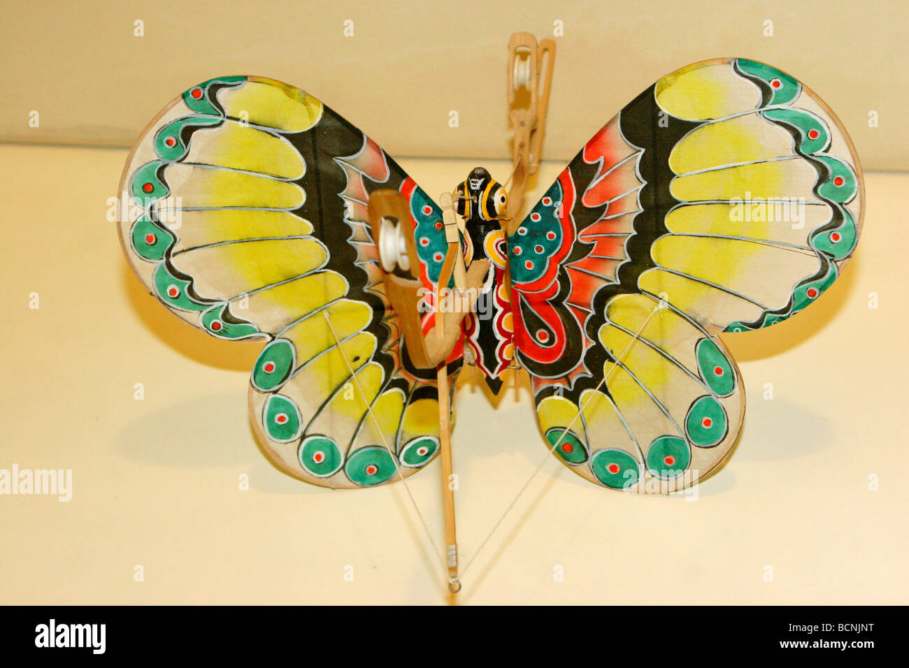 Butterfly shaped kite set with pulley, The Kite Museum, Weifang, Shandong Province, China Stock