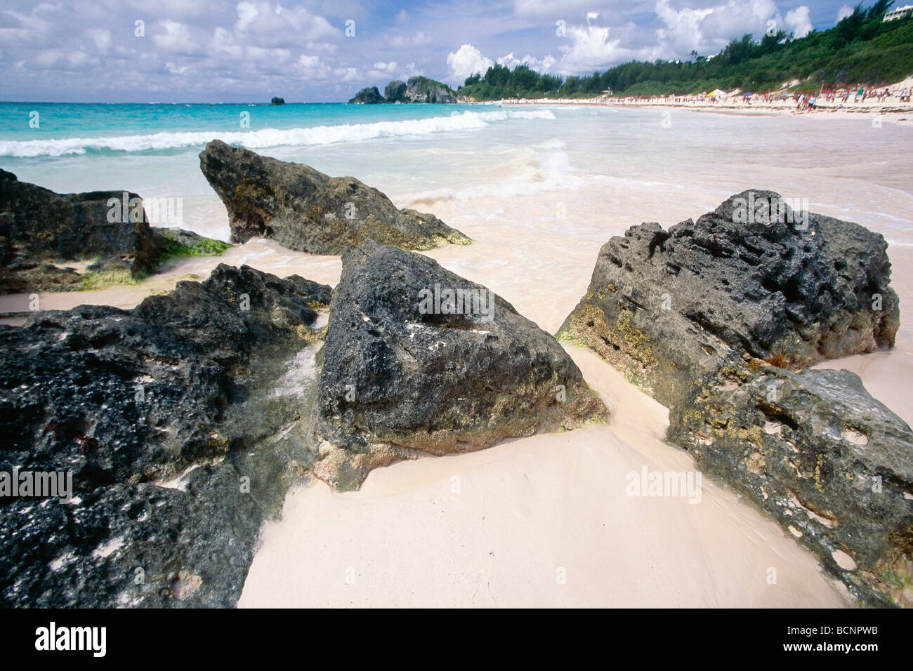 Pink Sand Beach and Rock Formation Horseshoe Bay Bermuda Stock Photo