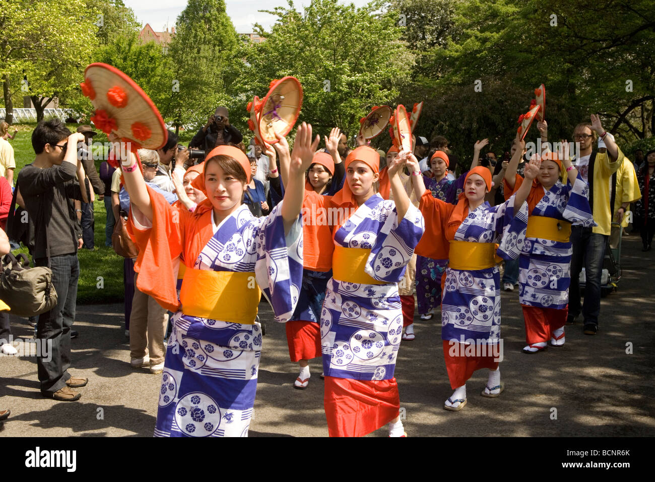 Members of a Japanese folk dance group  perform at Sakura Matsuri, the Cherry Blossom festival at the Brooklyn Botanic Garden Stock Photo