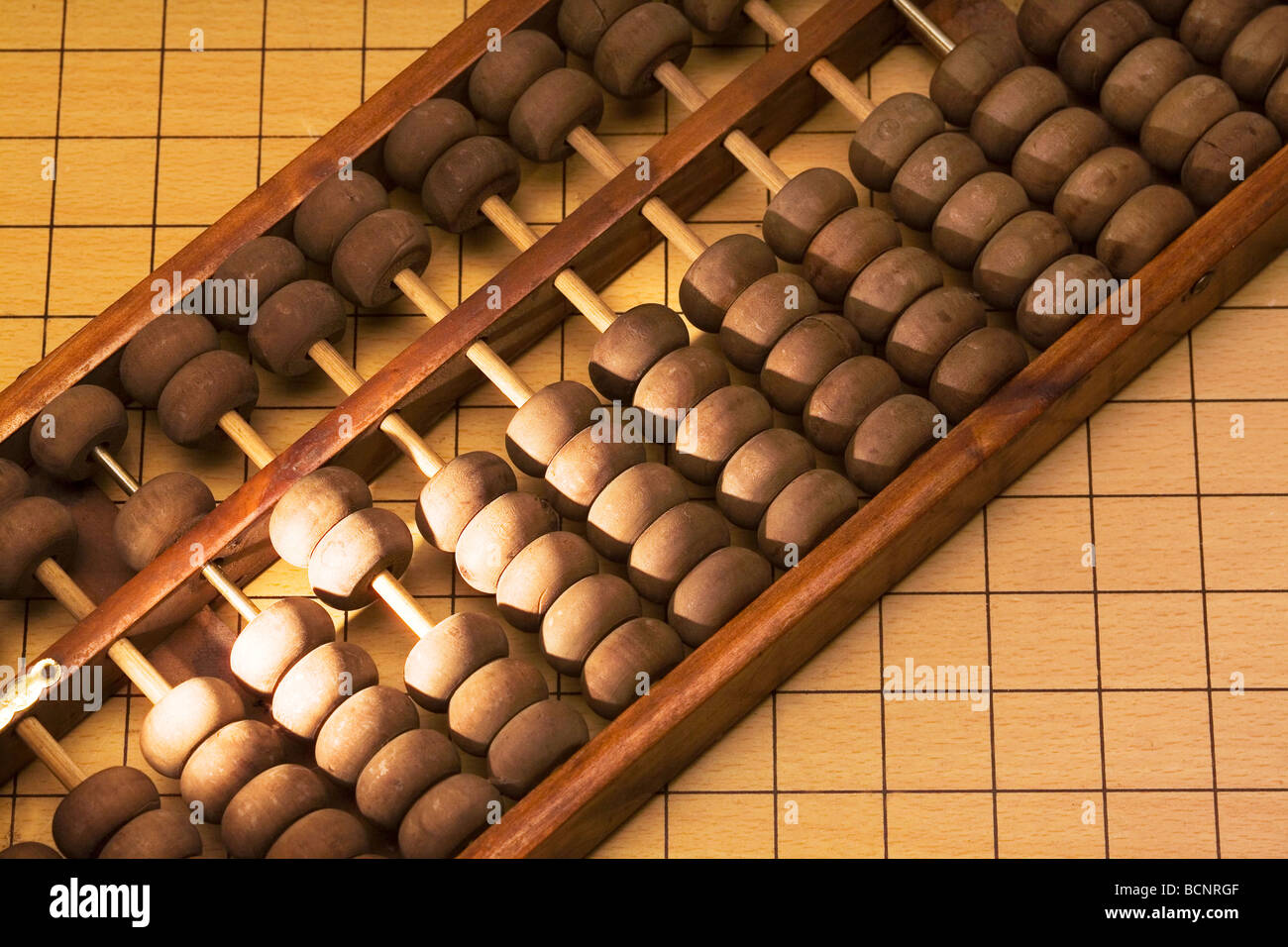Chinese traditional calculator abacus lying on Weiqi game board Stock Photo