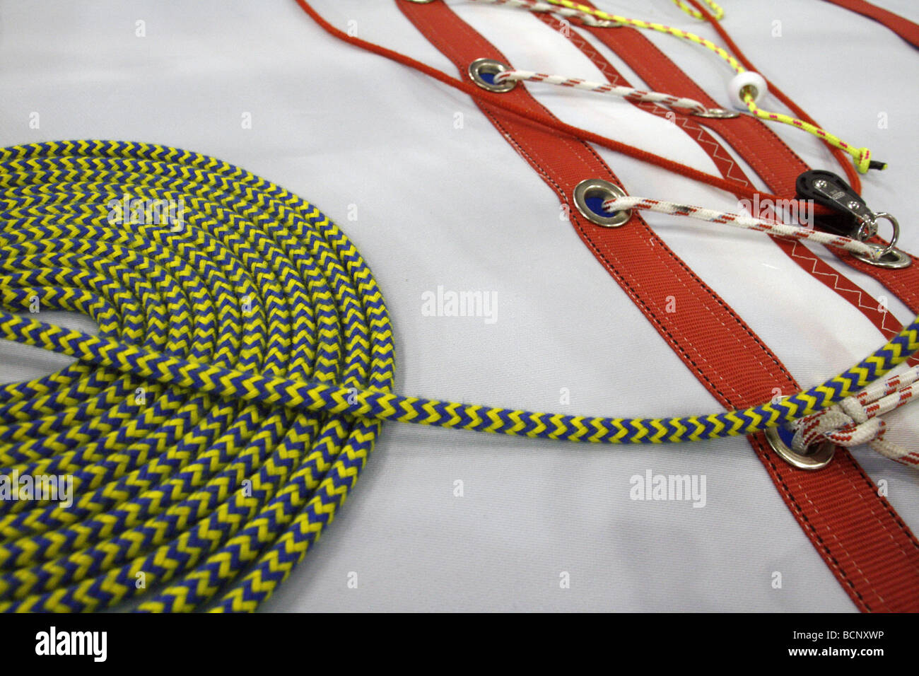 organised sail ropes on luxury yacht deck Stock Photo - Alamy