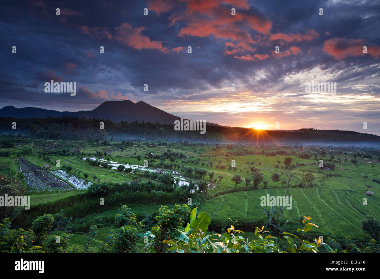 terraced rice fields near Tirtagangga at dawn with the sun rising over the volcanic peak of Gunung Lempuyang, Bali, Indonesia Stock Photo