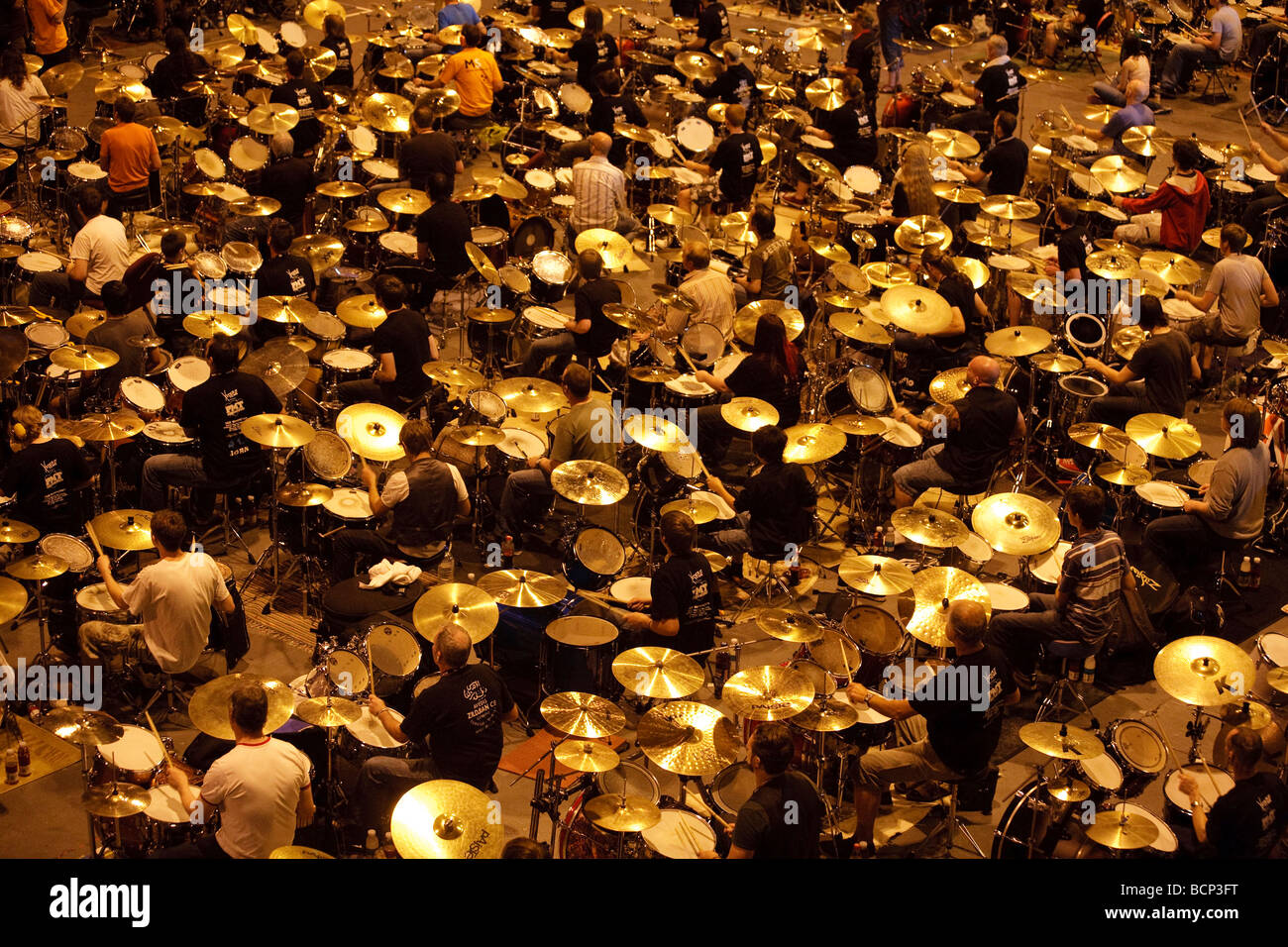 Some of the 600 drummers at the National Indoor Arena in Birmingham, who attempted to break the world drumming record Stock Photo