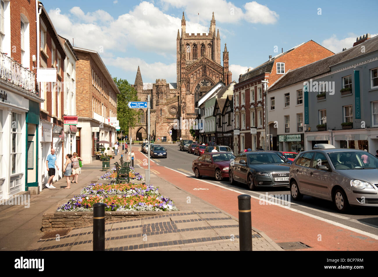 Looking up King Street towards the  Cathedral Hereford city Herefordshire England UK Stock Photo