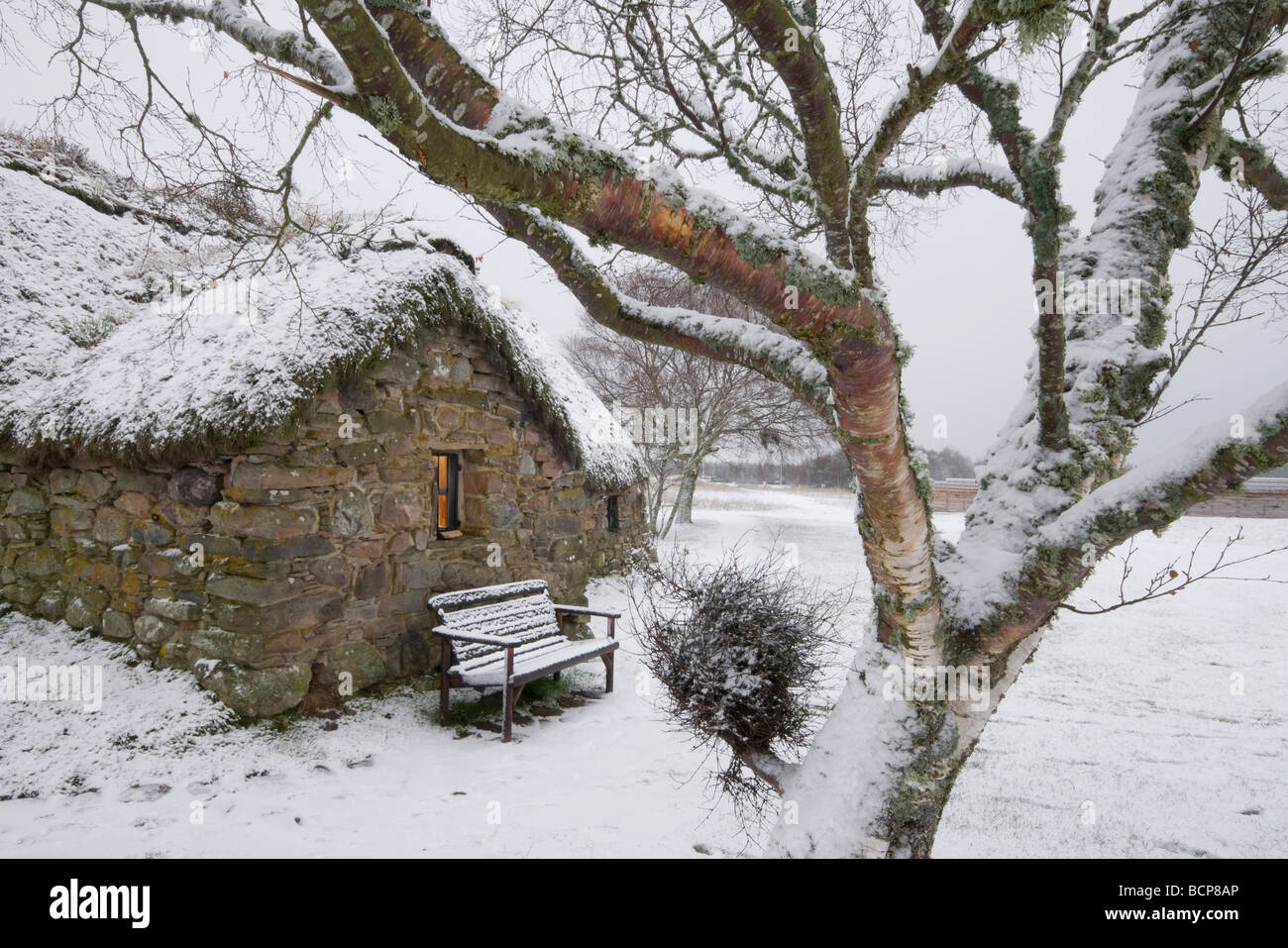 Leanach cottage, Culloden battlefield in deep snow. Stock Photo