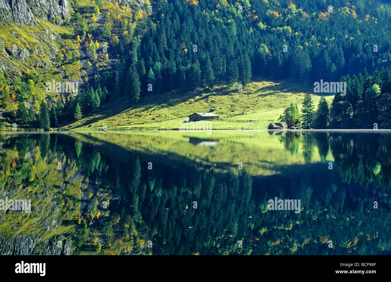 shieling at lake obersee, alps bavaria germany, Fischunkelalm am Obersee Berchtesgadener Alpen Bayern Deutschland Nationalpark Stock Photo