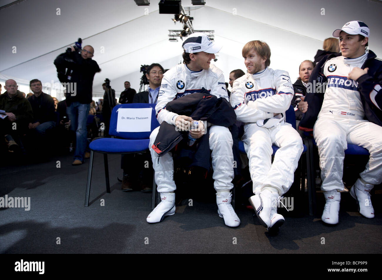 Christian Klien, Nick Heidfeld, Robert Kubica at BMW Sauber Team launch 2009 Stock Photo