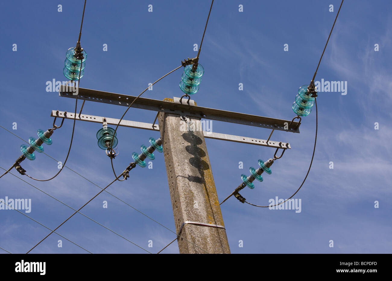 Power line and glass insulators Stock Photo Alamy