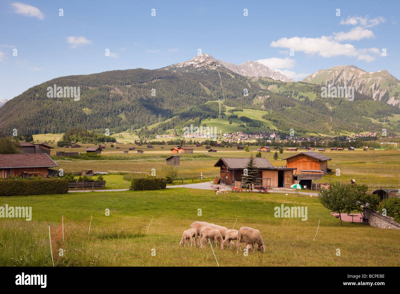 Sheep chalets and wooden barns in Alpine valley with view to Lermoos village in summer from Ehrwald Tyrol Austria Europe Stock Photo