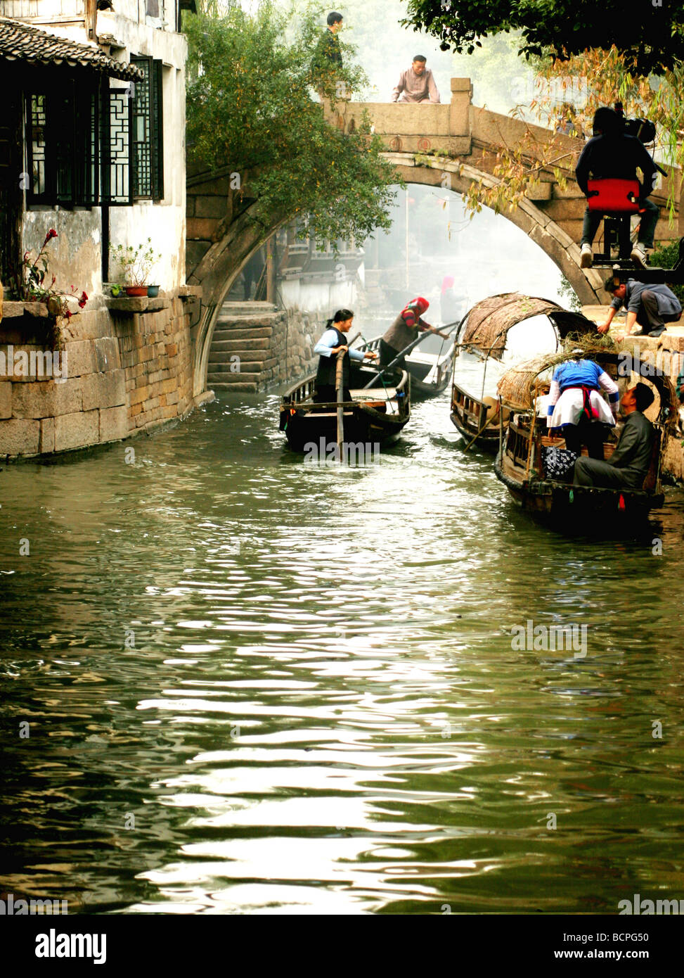 Narrow waterway and traditional riverside residence, Xitang Water Town ...