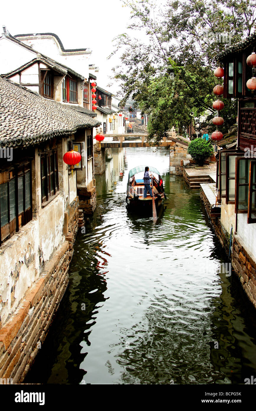 Narrow waterway and traditional riverside residence, Xitang Water Town ...