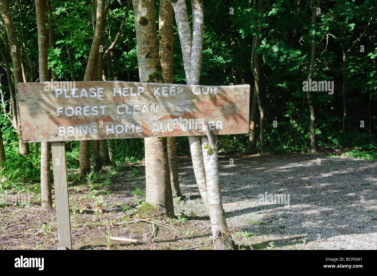 Wooden sign at a forest 'Please help keep our forest clean. Bring home all litter' Stock Photo