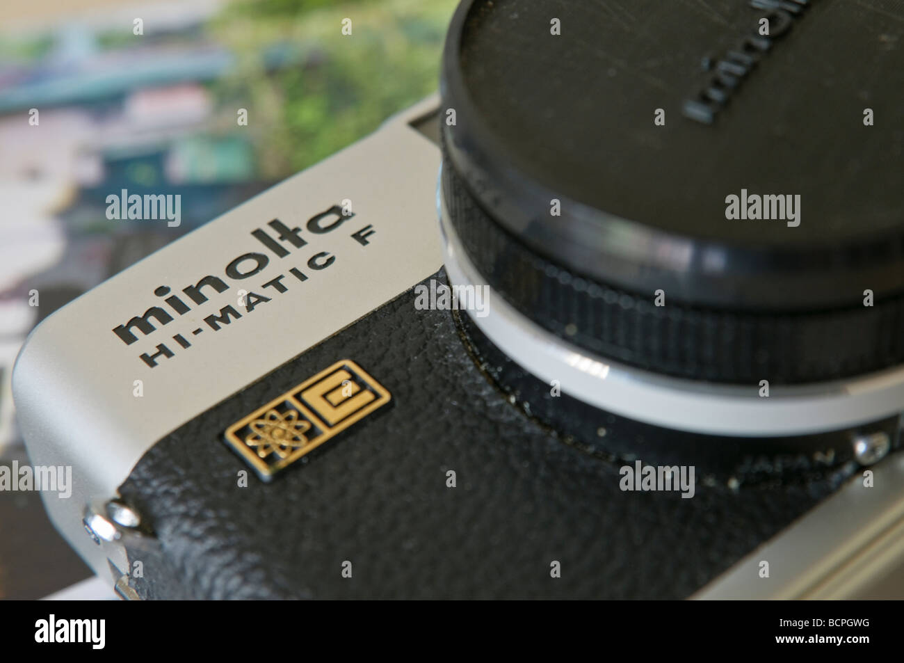 Closeup of a Minolta Hi-matic F, 35mm rangefinder camera, manufactured and sold in 1972 Stock Photo