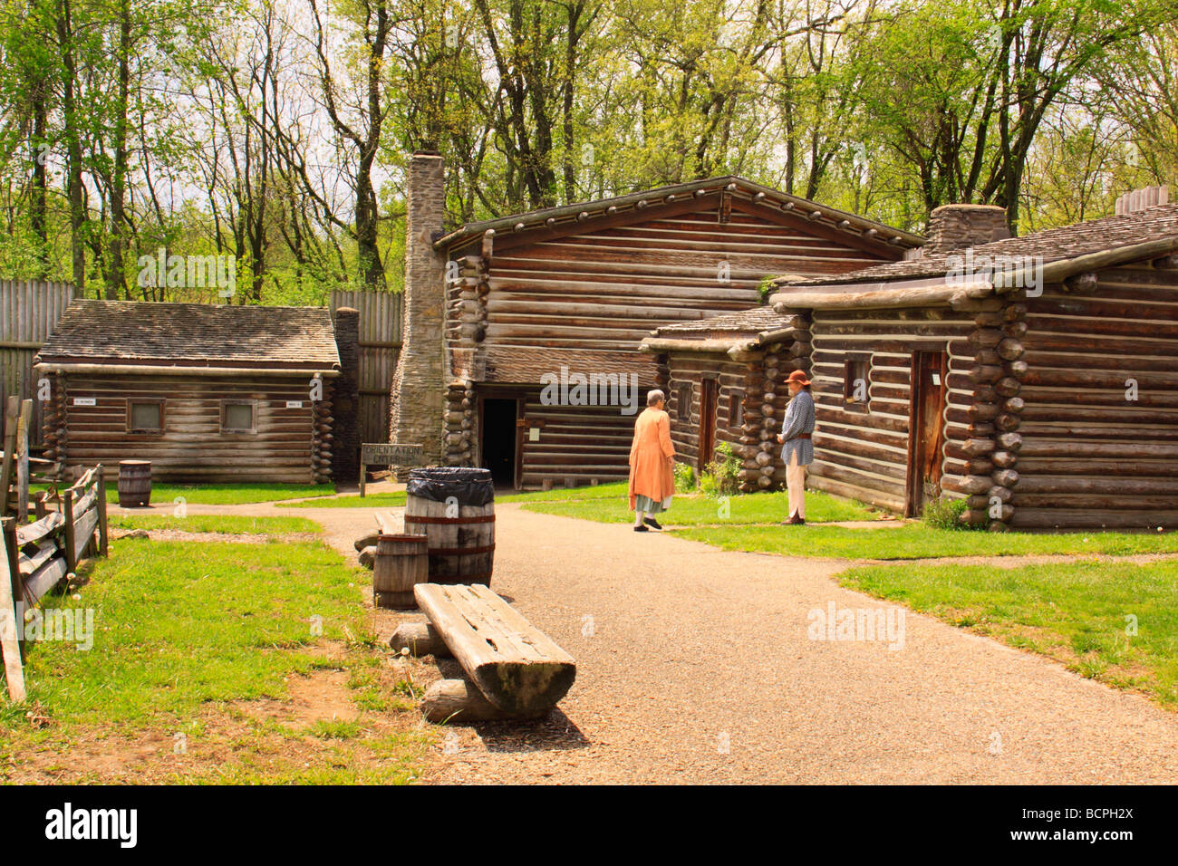 Costumed interpreters talk in compound of Fort Boonesborough State Park Richmond Kentucky Stock Photo