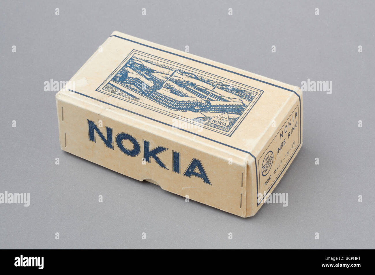 Old cardboard box, Nokia bicycle inner tube.Before becoming a major telecom company Nokia manufactured different rubber products Stock Photo