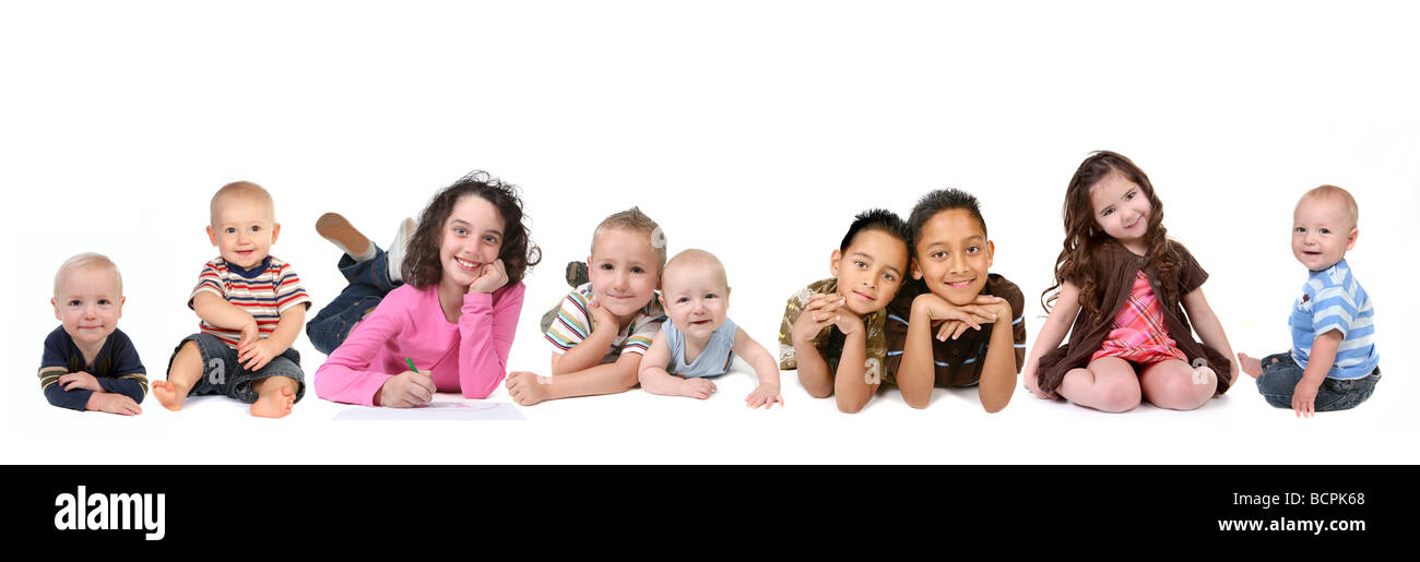 Multiple Ethnicities of Children of all Ages on White Background Stock Photo