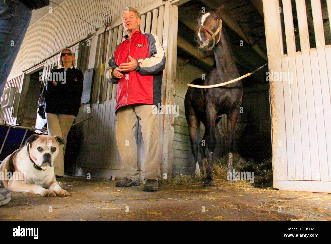 Horse owner trainer talks with tourists as his dog looks on The Thoroughbred Center Lexington Kentucky Stock Photo