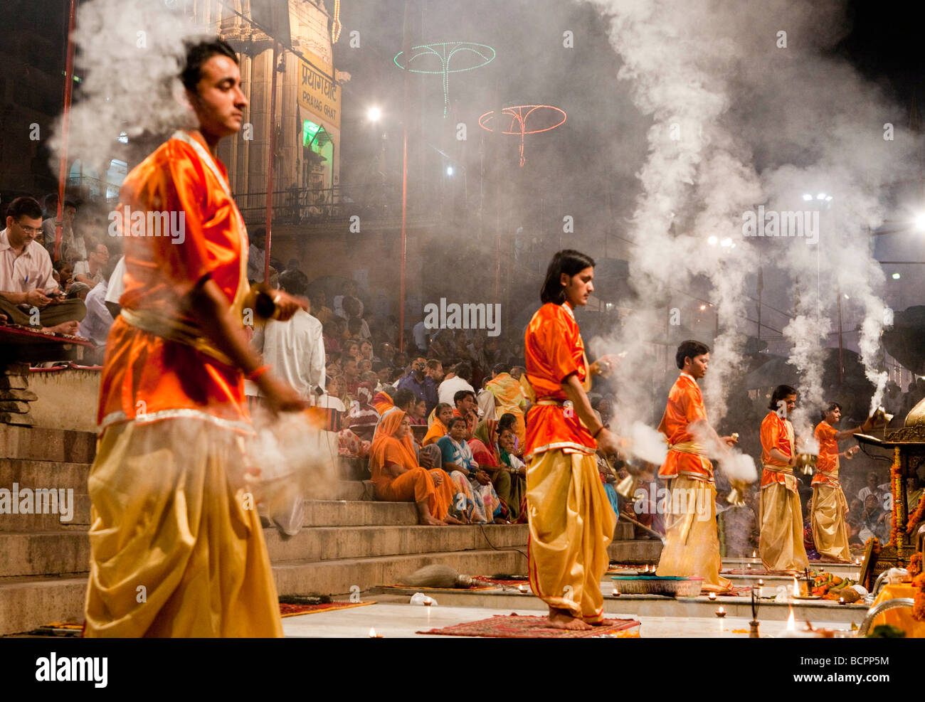 Ganga Aarti Evening Dawn Nightime Ceremony  At The Dasaswamedh Ghat Varanasi India Stock Photo