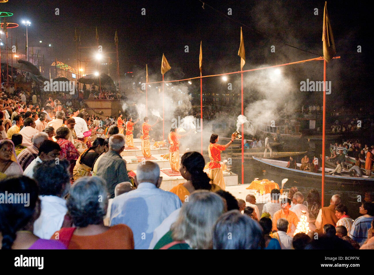 Ganga Aarti Evening Dawn Nightime Ceremony  At The Dasaswamedh Ghat Varanasi India Stock Photo