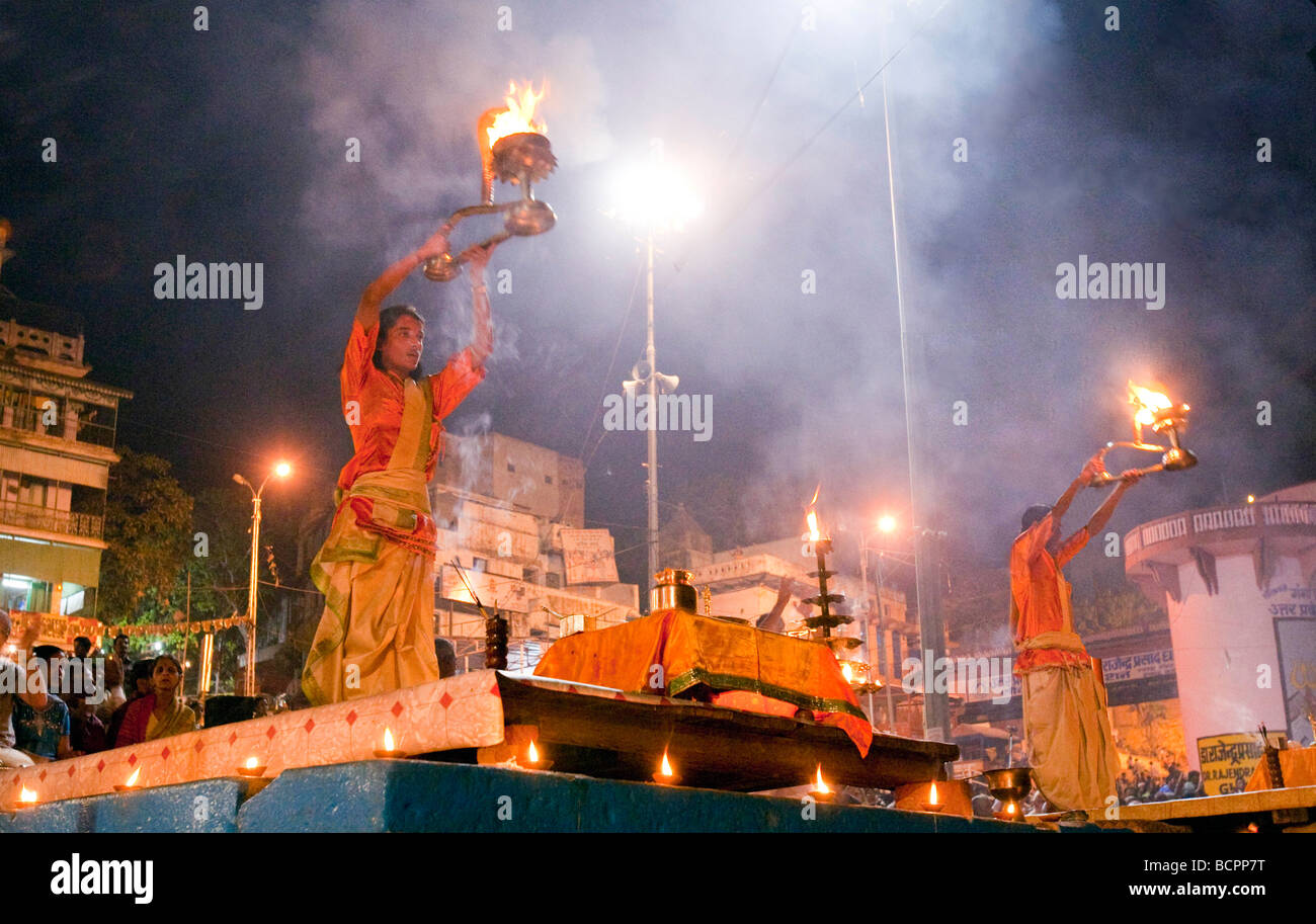 Ganga Aarti Evening Dawn Nightime Ceremony  At The Dasaswamedh Ghat Varanasi India Stock Photo