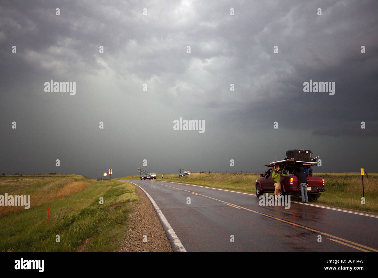 Sean Casey s IMAX secondary filming unit parked alongside the road in a fizzled storm during Project Vortex 2 June 1 2009 Stock Photo