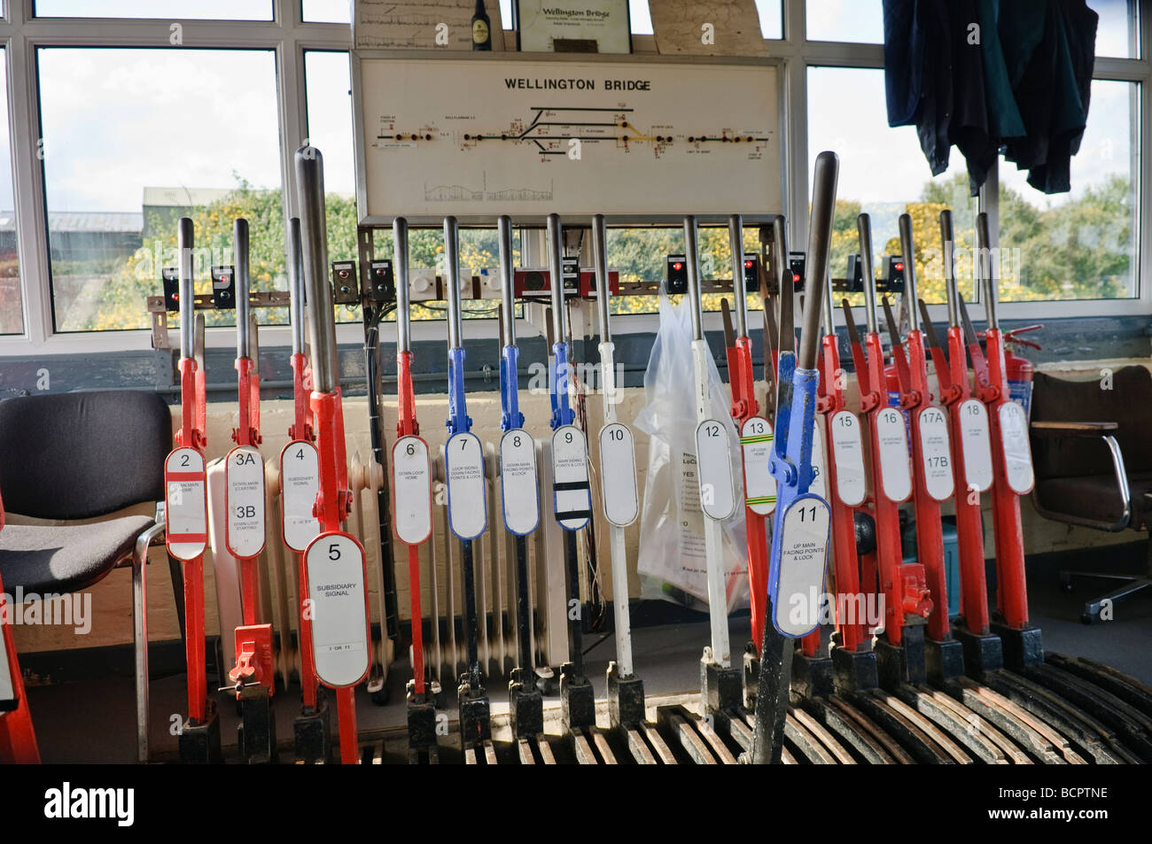 Levers on a lever frame in a manually operated signal box to operate points and signals Stock Photo