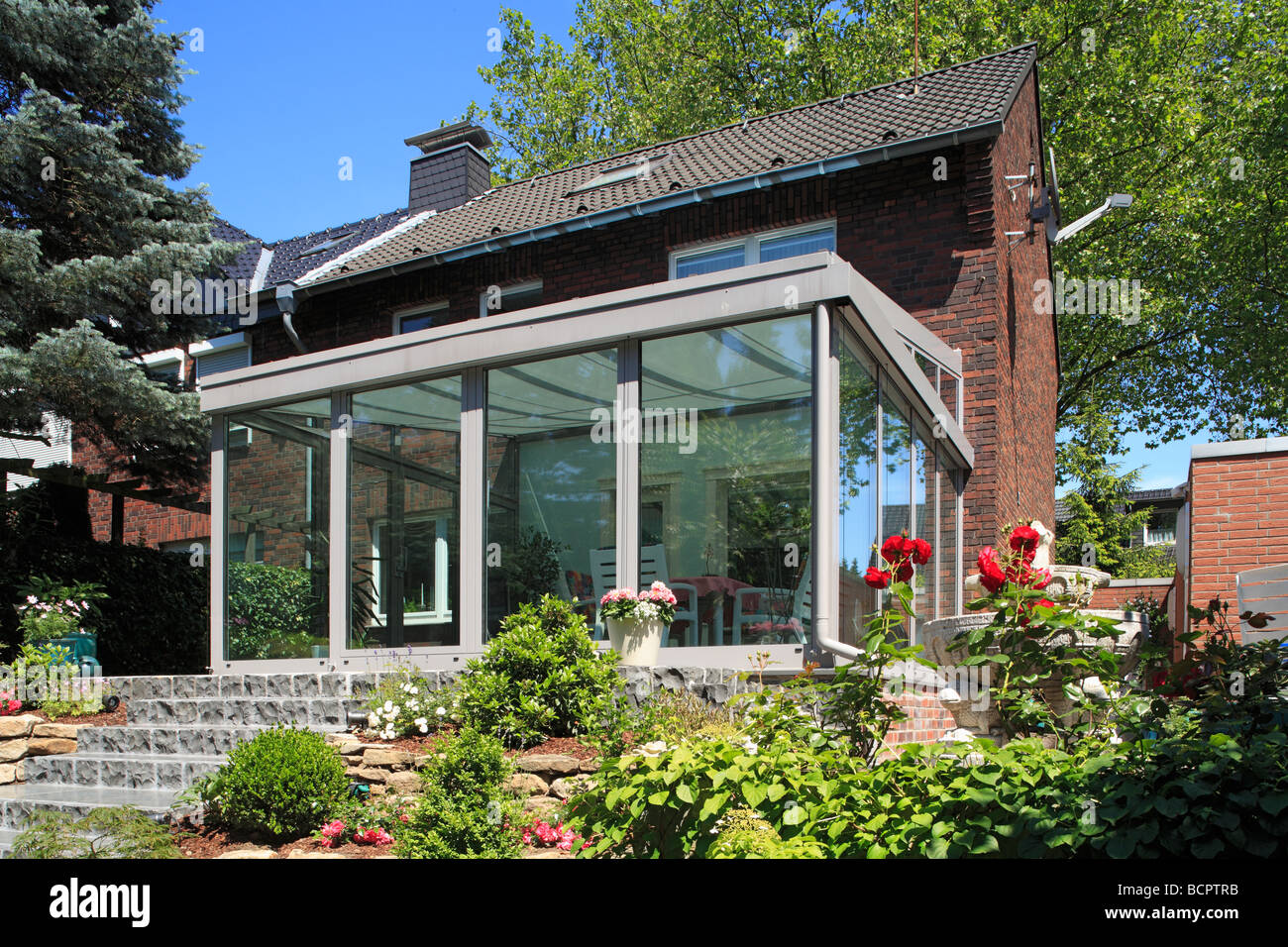 winter garden and residential house, row house, garden side, flower