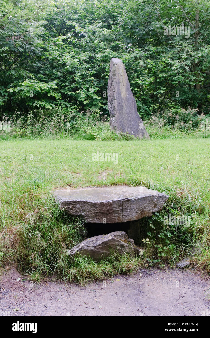 Standing stone and stone cist grave in the Irish National Heritage Park, County Wexford Stock Photo