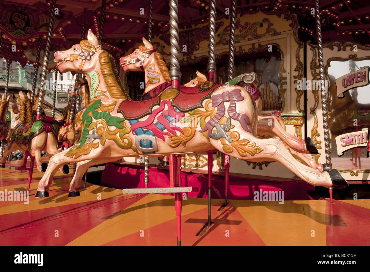Closeup of traditional fairground carousel merrygoround style